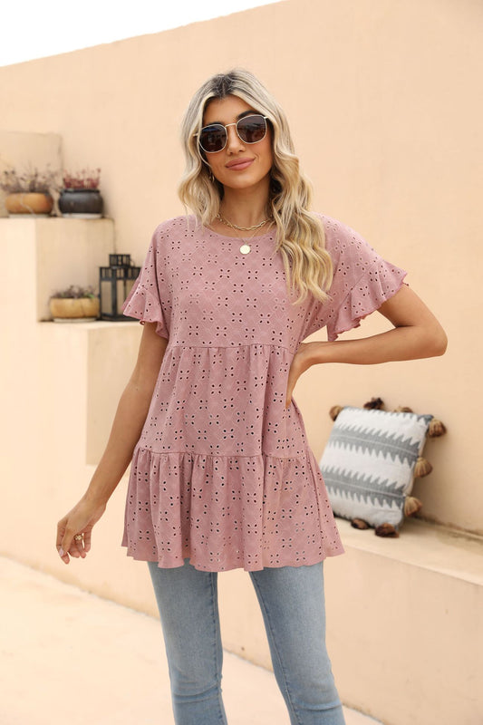 Openwork Round Neck Flounce Sleeve Blouse - AllIn Computer