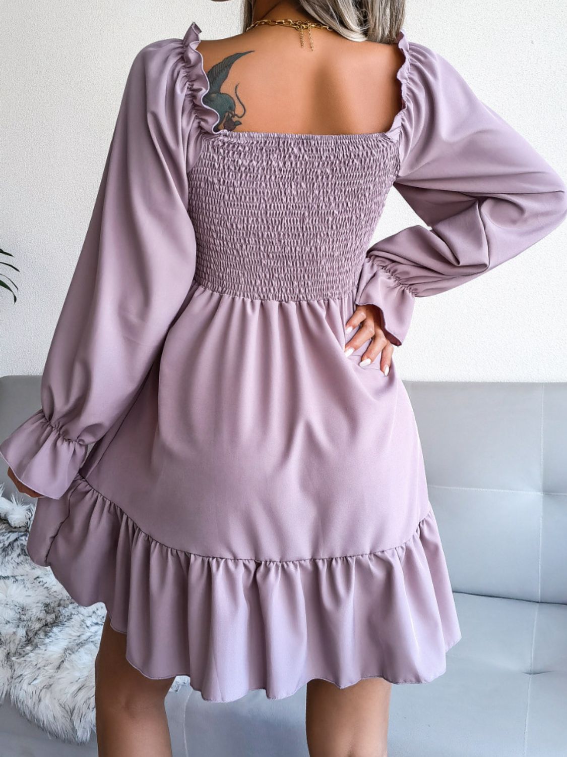 Smocked Flounce Sleeve Square Neck Dress - AllIn Computer