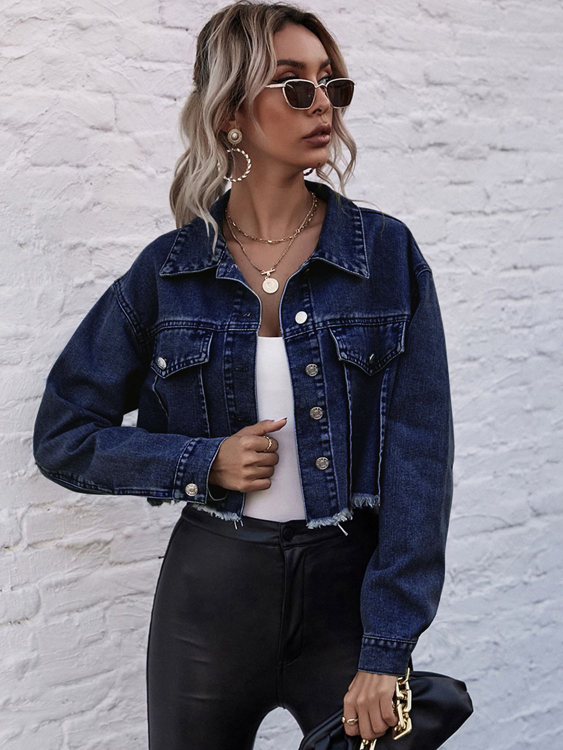 Cropped Collared Neck Raw Hem Denim Jacket - AllIn Computer