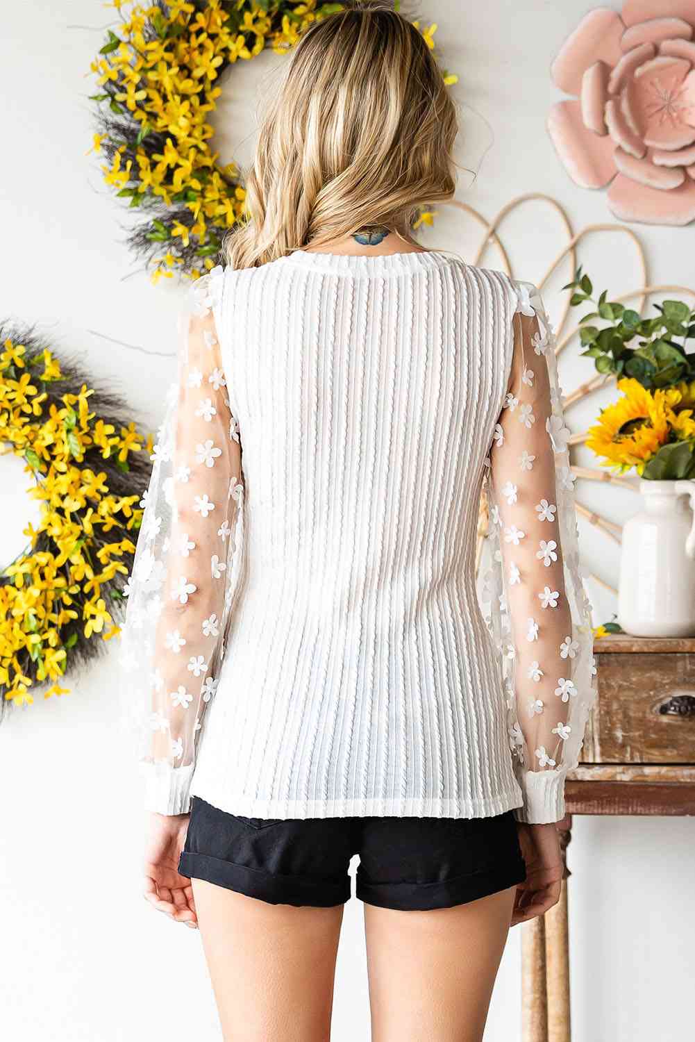Double Take Textured Applique Long Sleeve Blouse - AllIn Computer