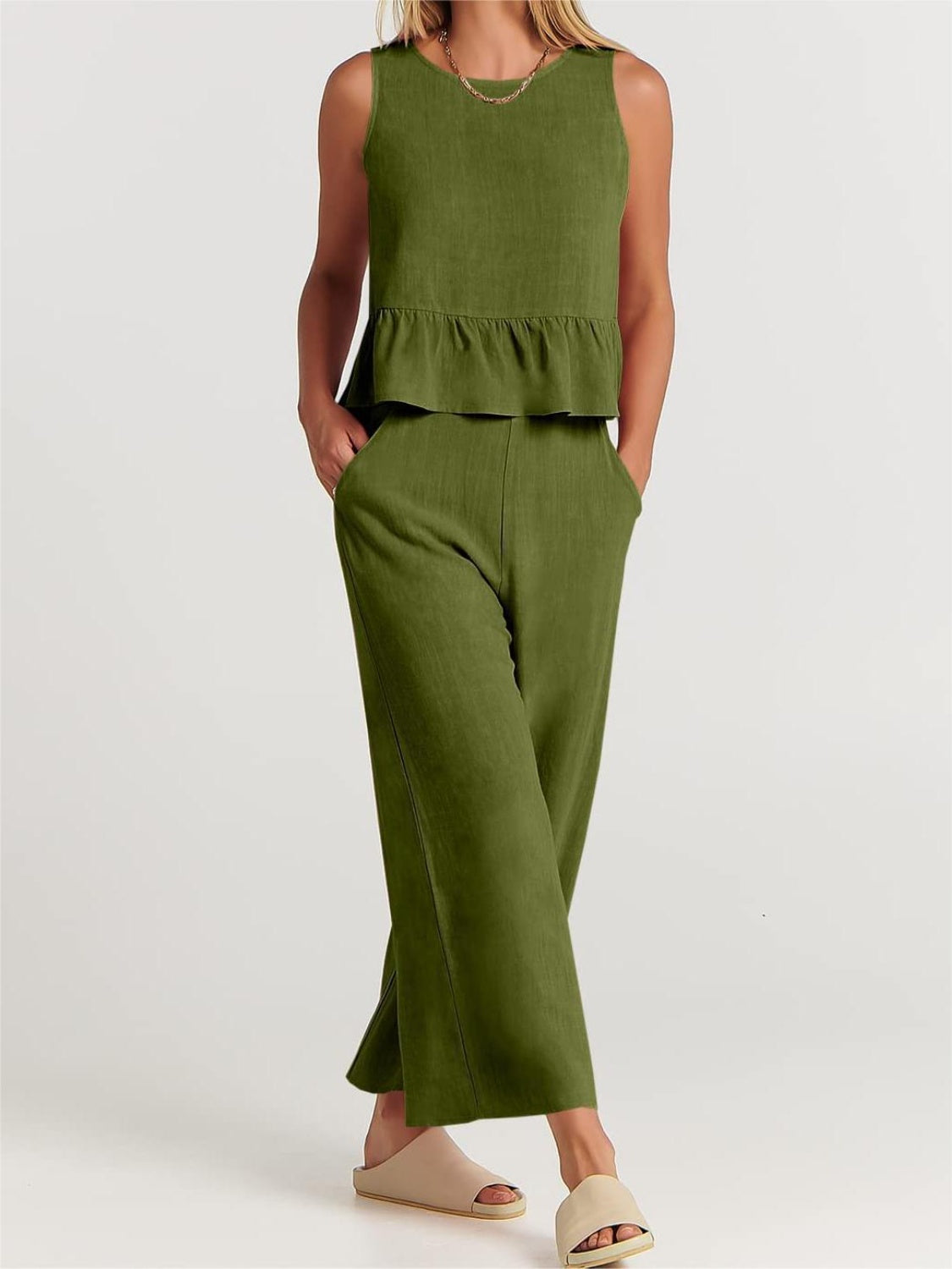 Full Size Round Neck Top and Wide Leg Pants Set - AllIn Computer