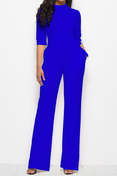 Mock Neck Tie-Waist Half Sleeve Jumpsuit - AllIn Computer