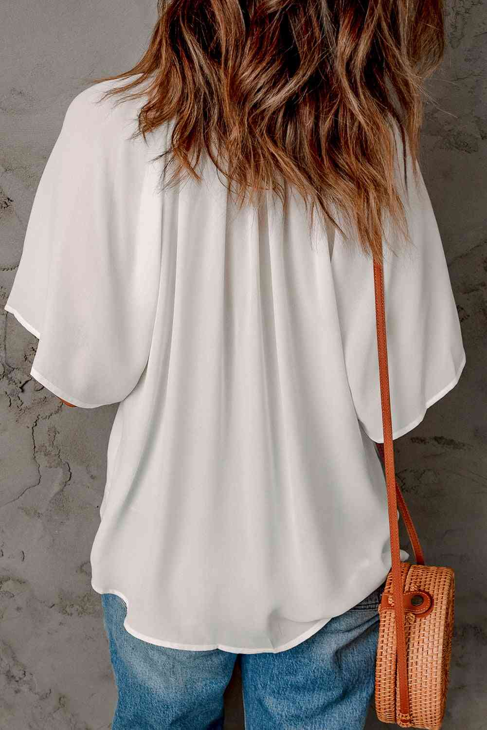Gathered Detail Notched Neck Flutter Sleeve Top - AllIn Computer