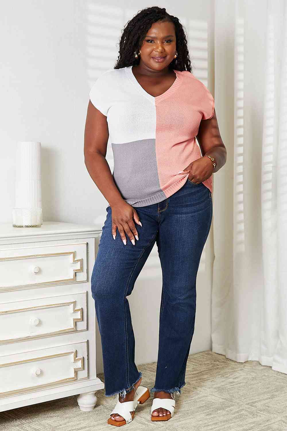 Double Take Color Block V-Neck Knit Top - AllIn Computer
