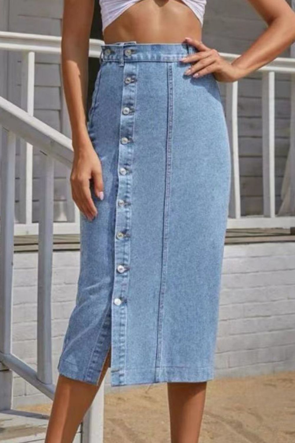 Buttoned Split Denim Skirt - AllIn Computer