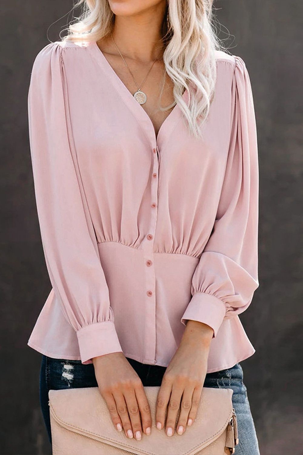 Buttoned Puff Sleeve Blouse - AllIn Computer