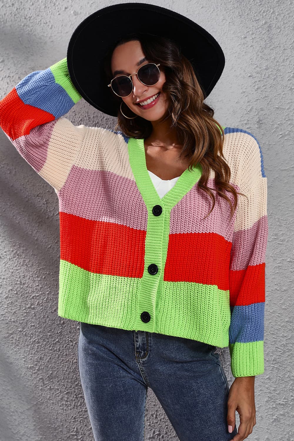 Color Block Button-Down Dropped Shoulder Cardigan - AllIn Computer