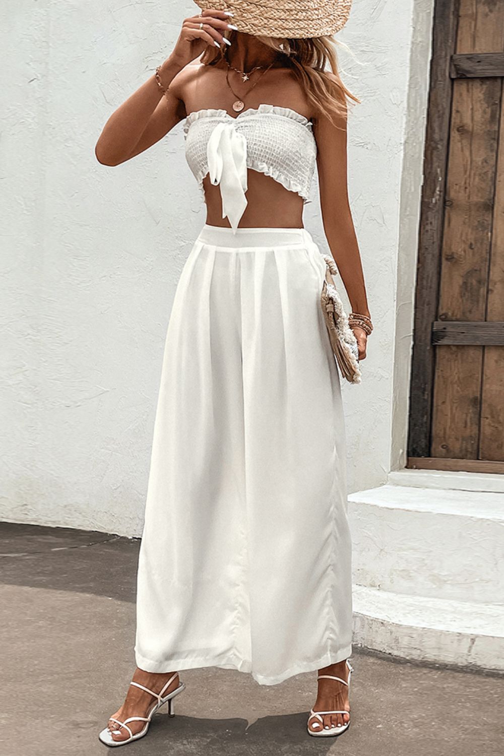 Smocked Tube Top and Wide Leg Pants Set - AllIn Computer