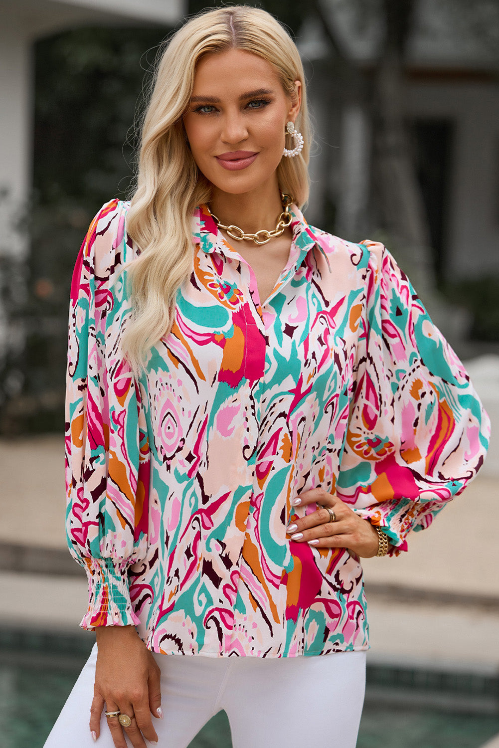 Printed Puff Sleeve Collared Blouse - AllIn Computer