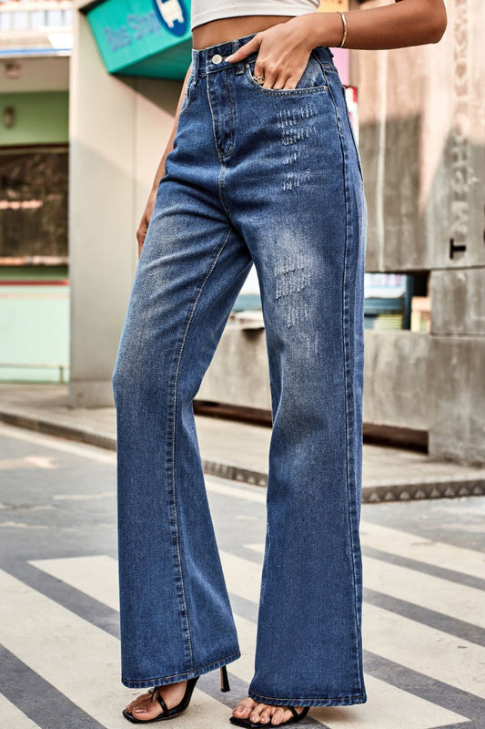 Buttoned Loose Fit Jeans with Pockets - AllIn Computer