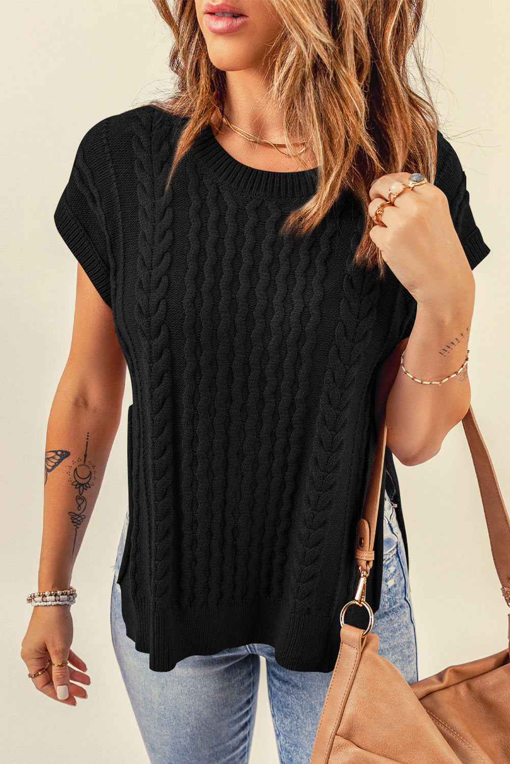 Cable-Knit Side Slit Sweater Vest - AllIn Computer