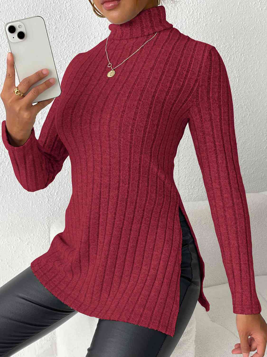 Ribbed Turtleneck Long Sleeve Slit T-Shirt - AllIn Computer