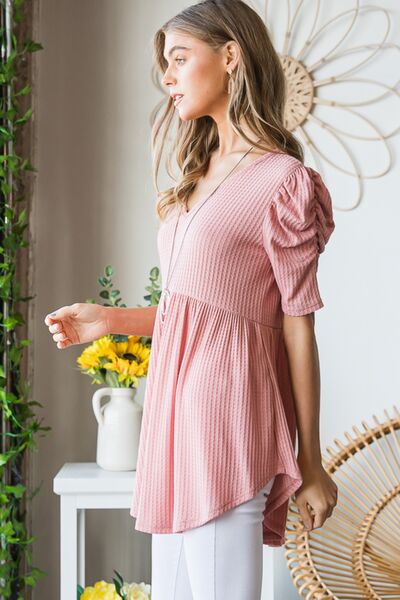 Heimish Full Size Waffle Knit V-Neck Babydoll Top - AllIn Computer