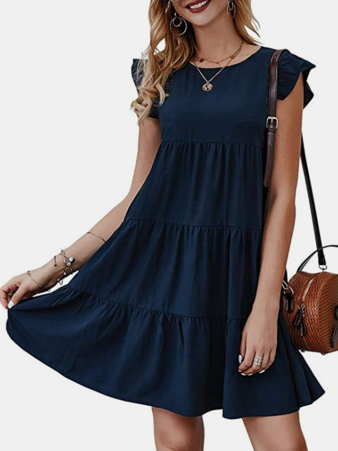 Ruffled Round Neck Cap Sleeve Mini Dress - AllIn Computer