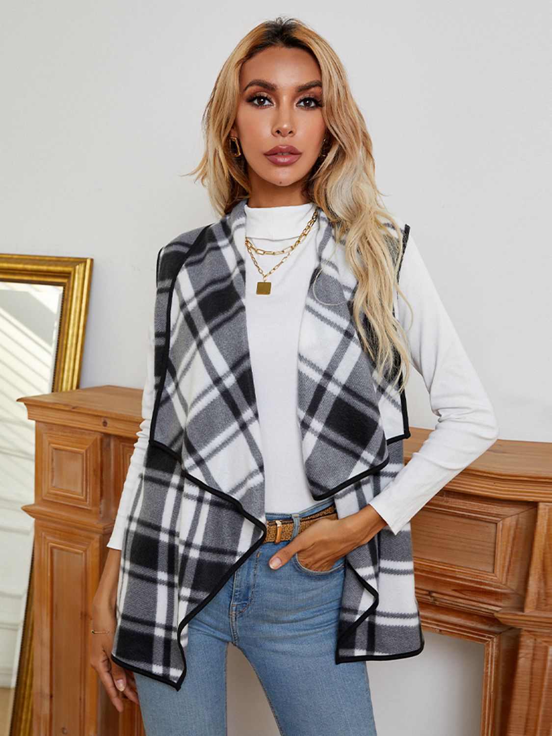 Plaid Open Front Vest - AllIn Computer