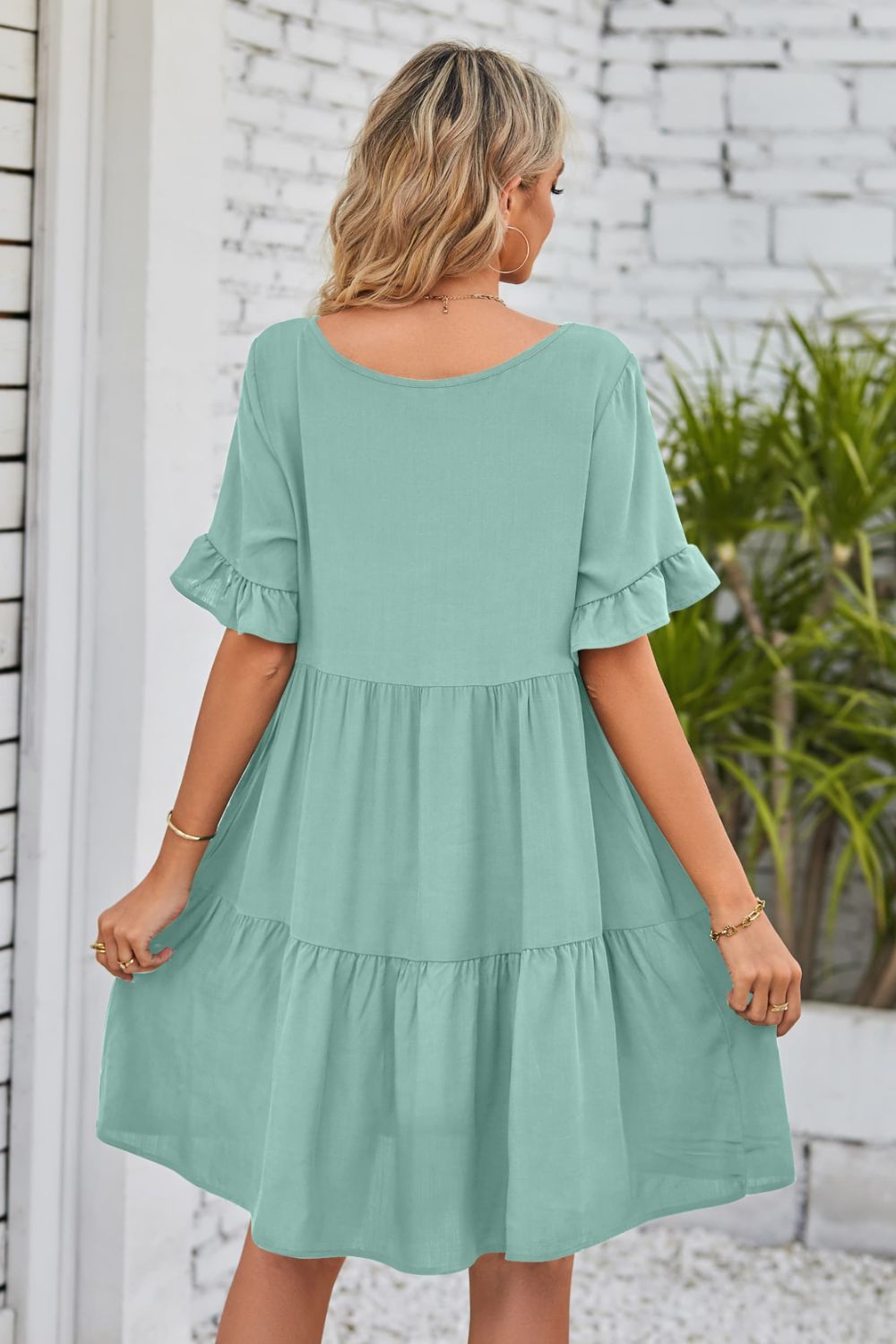 V-Neck Flounce Sleeve Tiered Dress - AllIn Computer