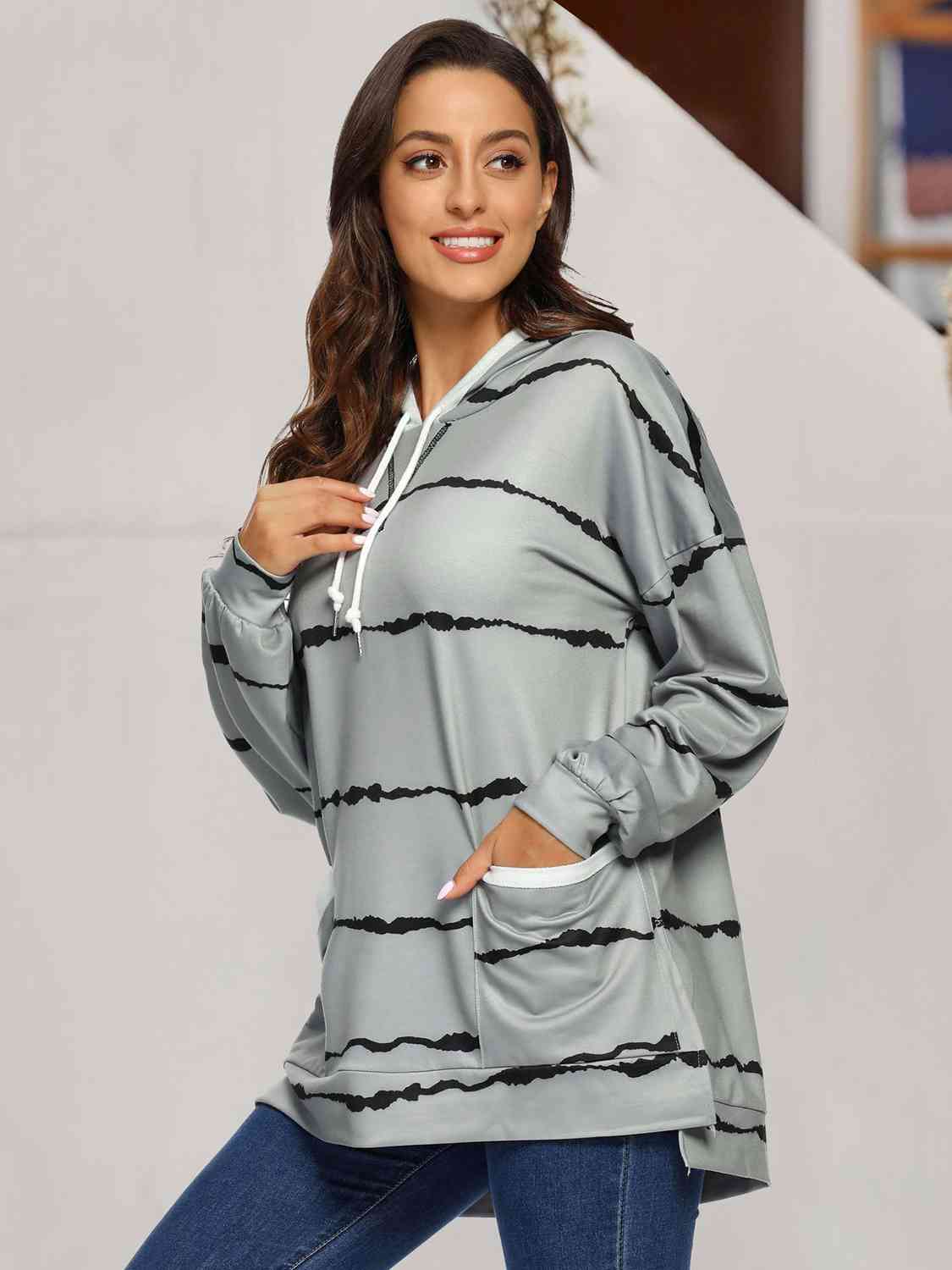 Striped Drawstring Hoodie with Pockets - AllIn Computer