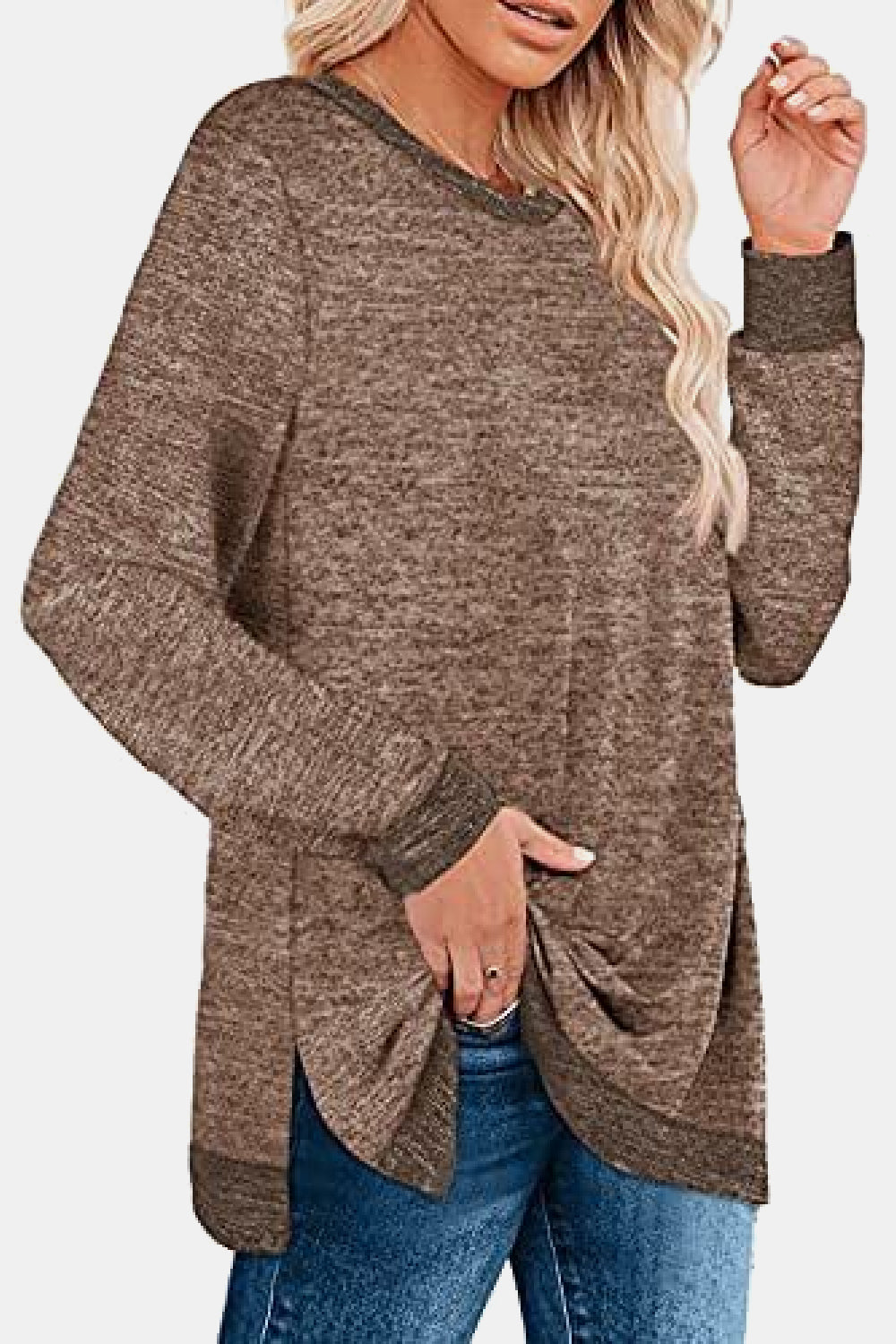 Round Neck Long Sleeve Slit T-Shirt - AllIn Computer