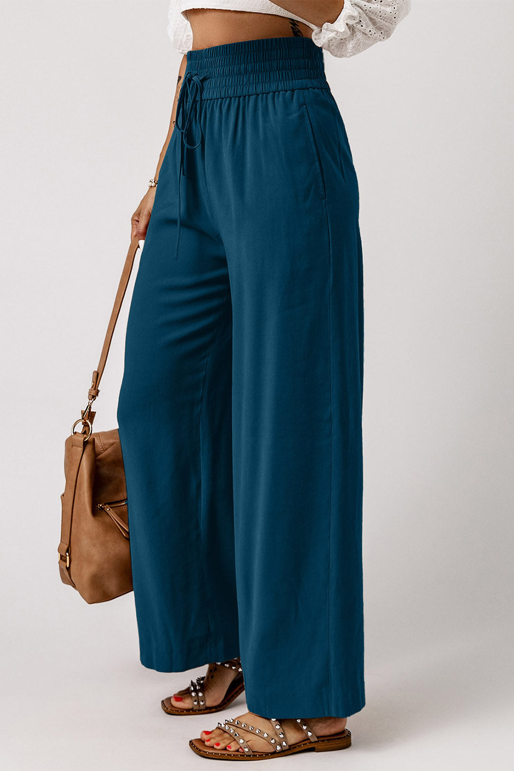 Drawstring Smocked Waist Wide Leg Pants - AllIn Computer