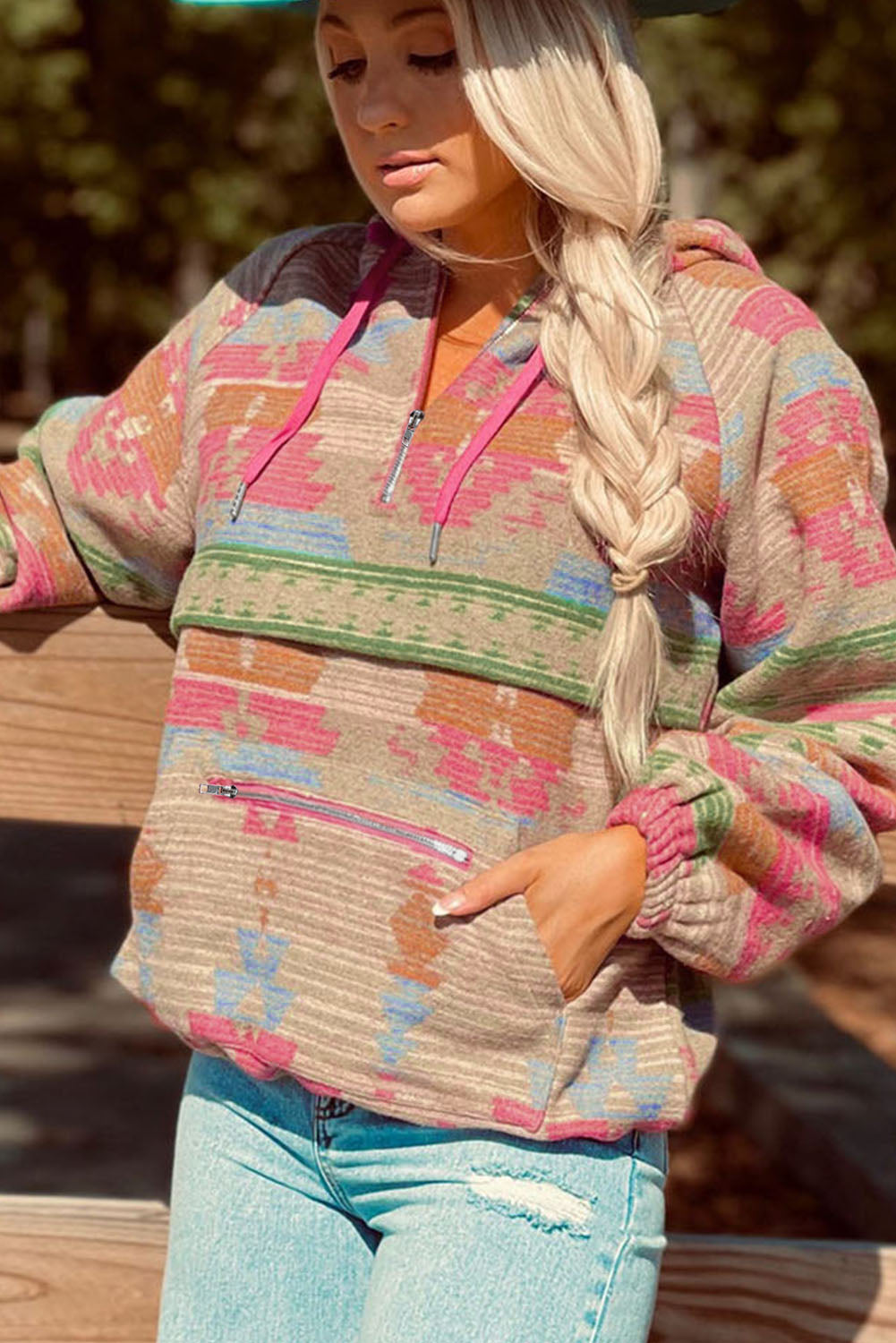 Printed Zip-Up Long Sleeve Hoodie - AllIn Computer