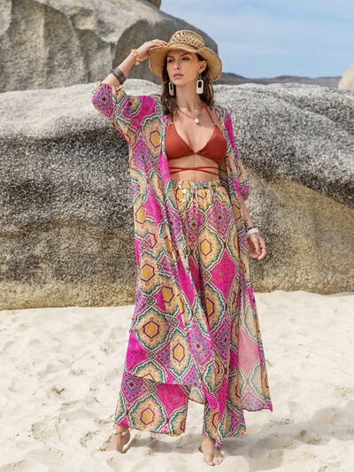 Printed Open Front Cardigan and Pants Set - AllIn Computer
