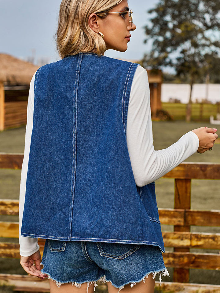 Heart Button Denim Vest - AllIn Computer