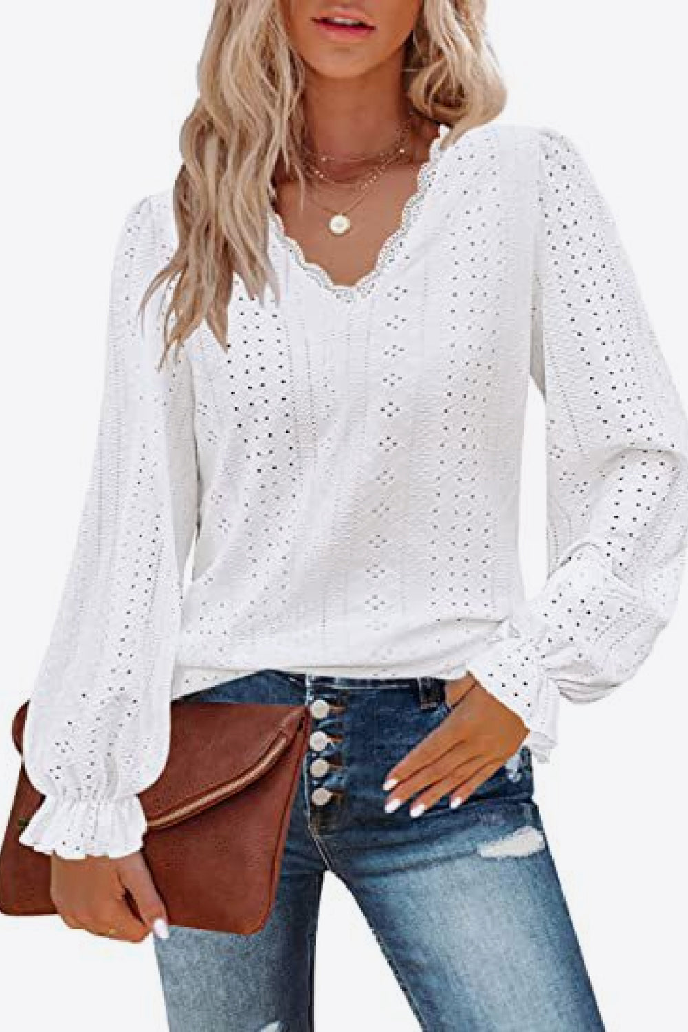 Eyelet V-Neck Flounce Sleeve Blouse - AllIn Computer