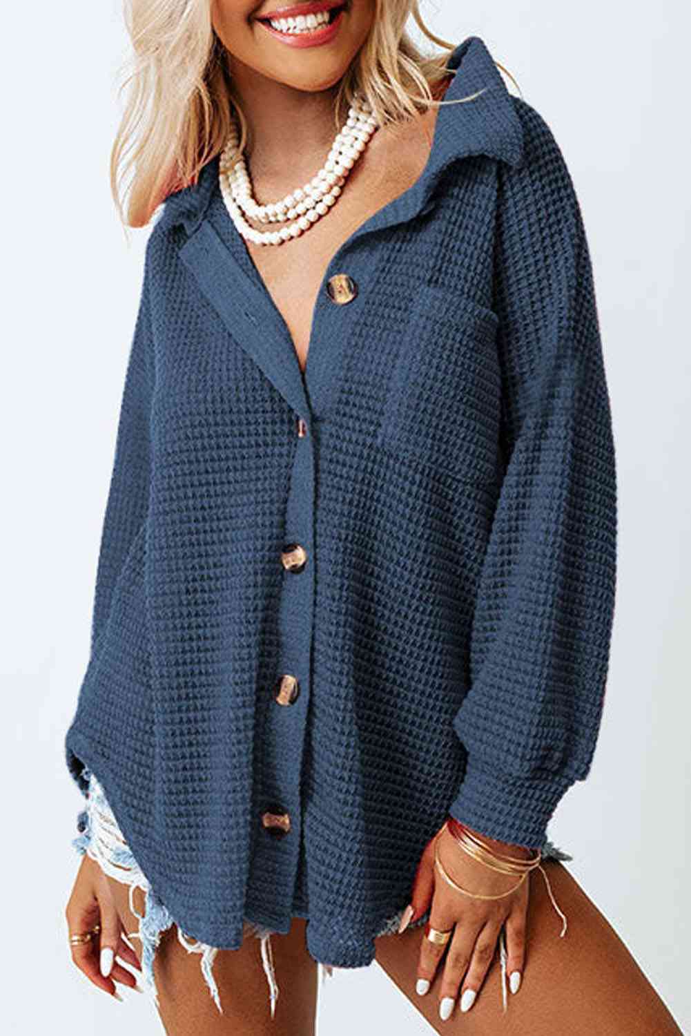 Waffle-Knit Button Up Long Sleeve Shirt with Pocket - AllIn Computer