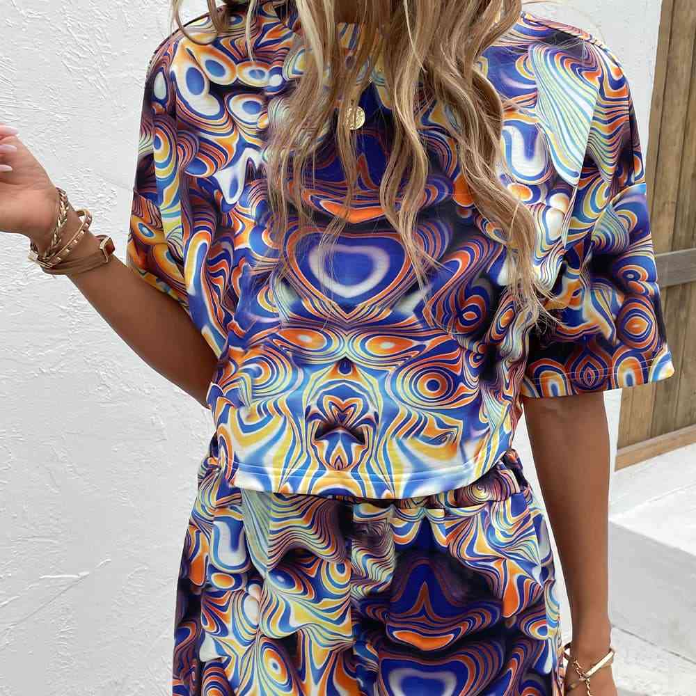 Printed Round Neck Dropped Shoulder Half Sleeve Top and Shorts Set - AllIn Computer
