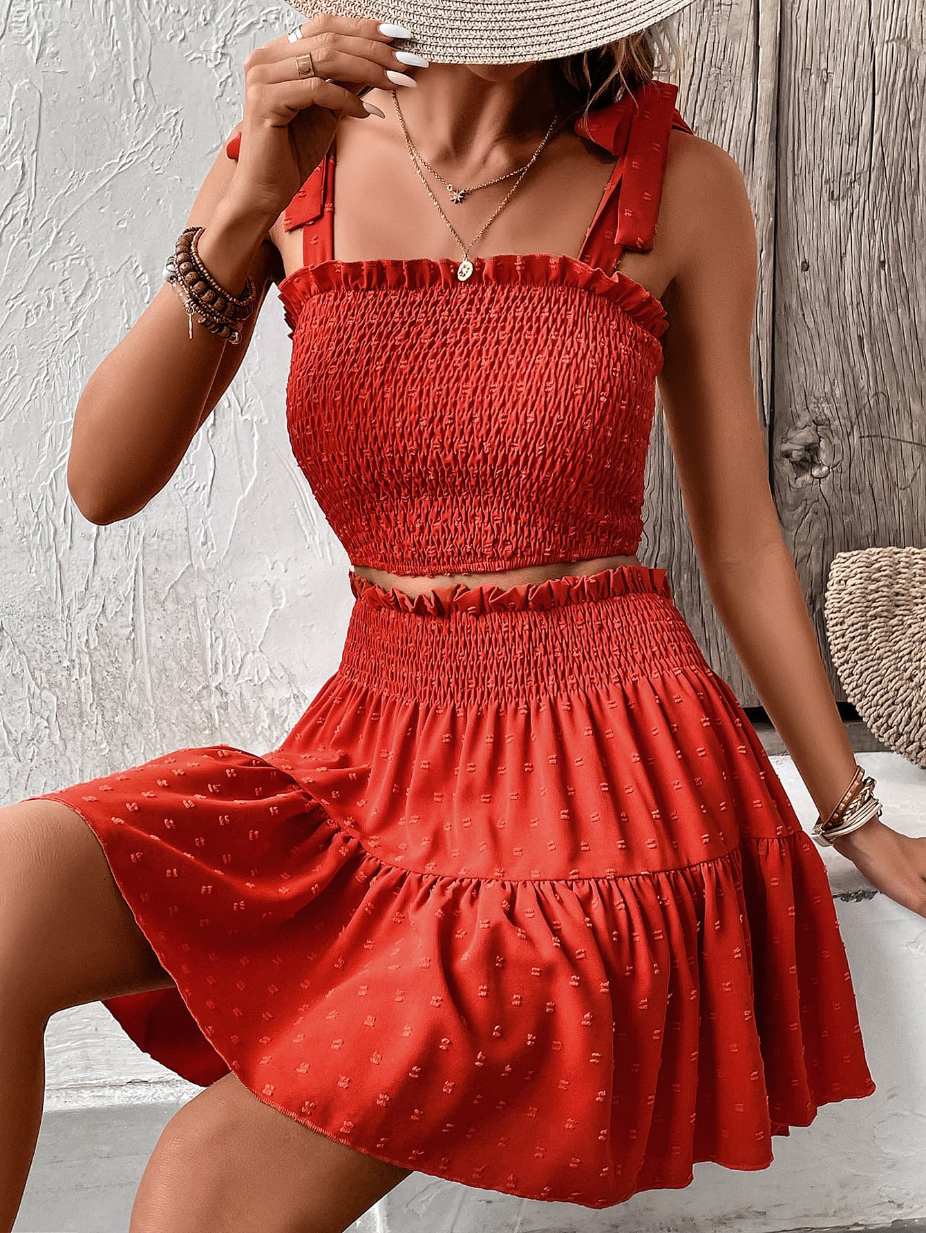 Smocked Tank and Frill Trim Skirt Set - AllIn Computer