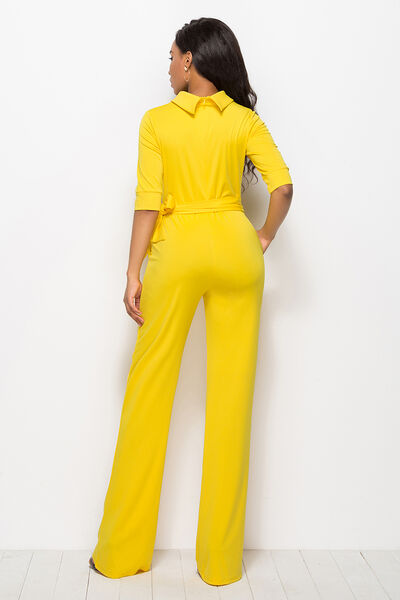 Mock Neck Tie-Waist Half Sleeve Jumpsuit - AllIn Computer