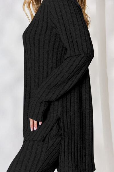 Basic Bae Full Size Ribbed High-Low Top and Wide Leg Pants Set - AllIn Computer