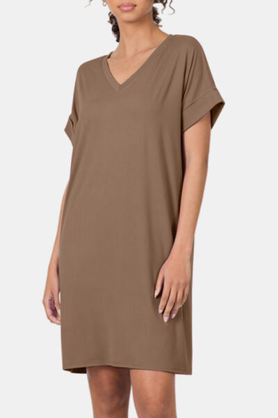 Zenana Rolled Short Sleeve V-Neck Dress - AllIn Computer