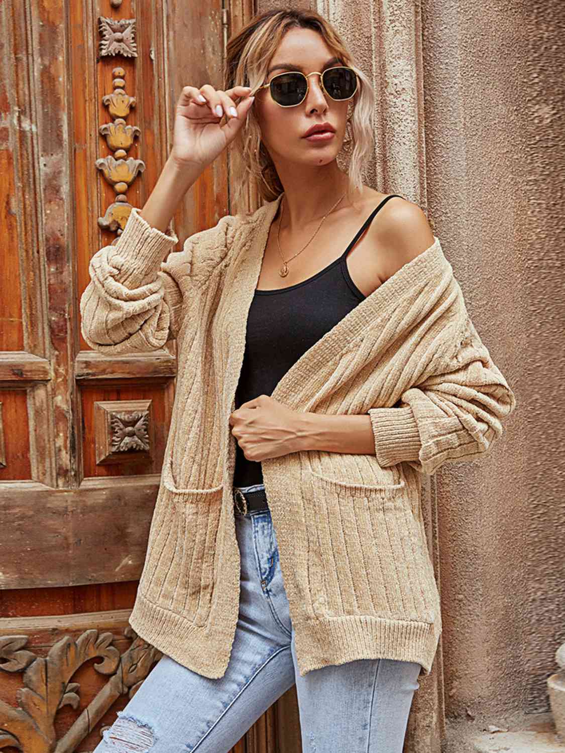 Ribbed Open Front Long Sleeve Cardigan with Pockets - AllIn Computer