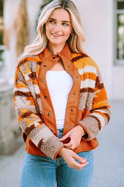 Fuzzy Contrast Snap Down Long Sleeve Jacket - AllIn Computer