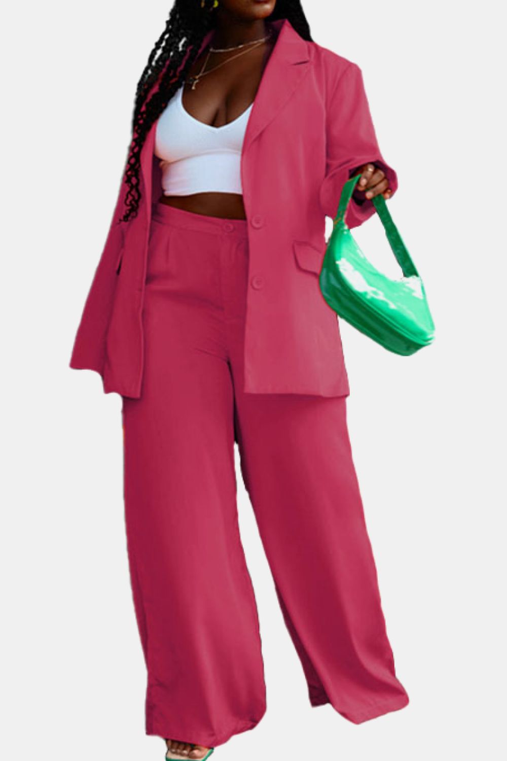 Lapel Collar Buttoned Blazer and Long Pants Set - AllIn Computer