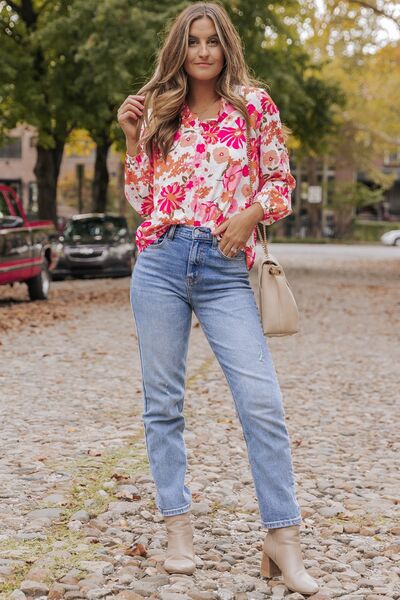 Floral V-Neck Frill Long Sleeve Blouse - AllIn Computer