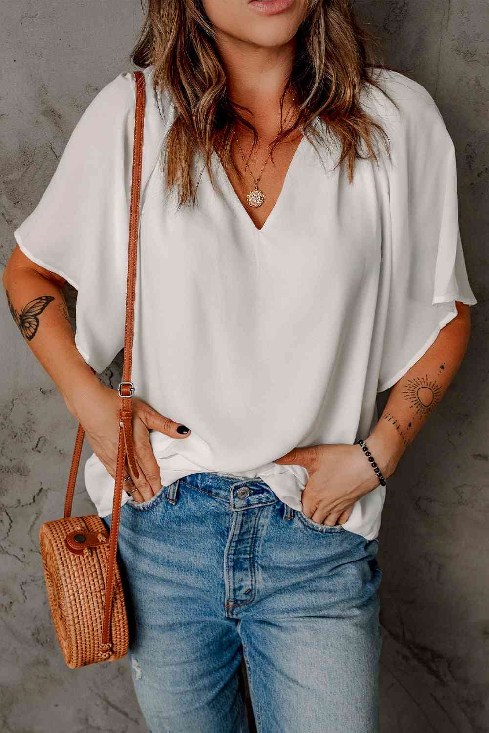 Gathered Detail Notched Neck Flutter Sleeve Top - AllIn Computer