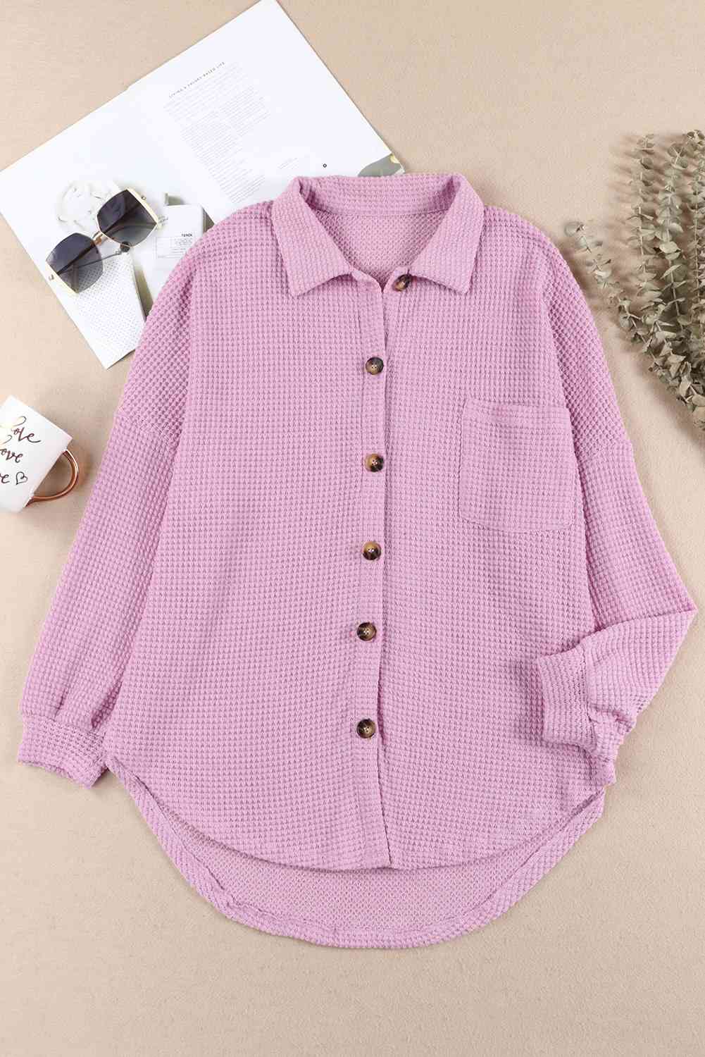 Waffle-Knit Button Up Long Sleeve Shirt with Pocket - AllIn Computer