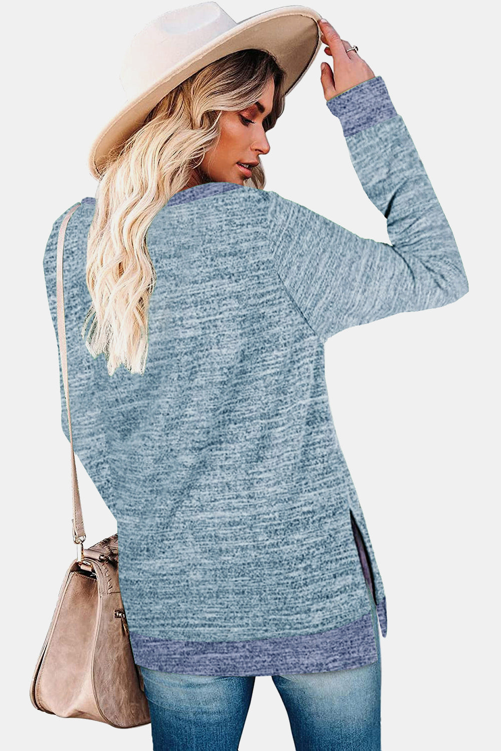 Round Neck Long Sleeve Slit T-Shirt - AllIn Computer