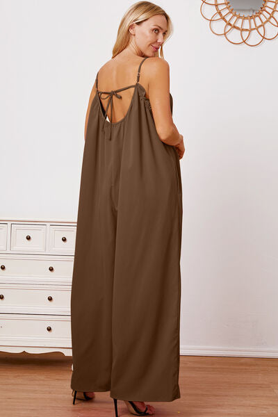 Full Size Ruffle Trim Tie Back Cami Jumpsuit with Pockets - AllIn Computer