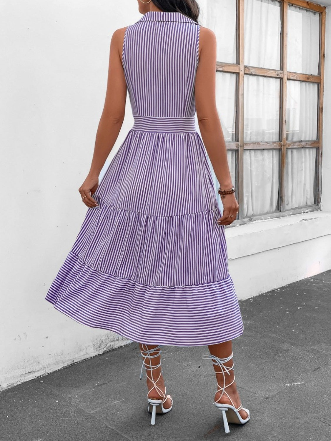 Striped Johnny Collar Sleeveless Midi Dress - AllIn Computer