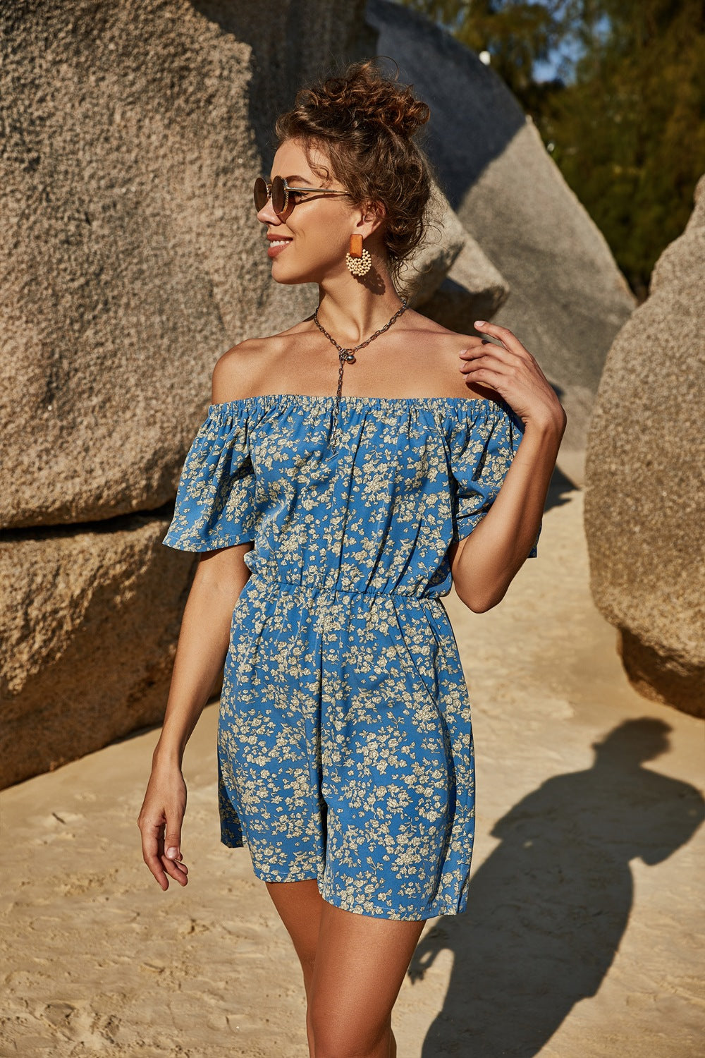 Printed Off-Shoulder Short Sleeve Romper - AllIn Computer