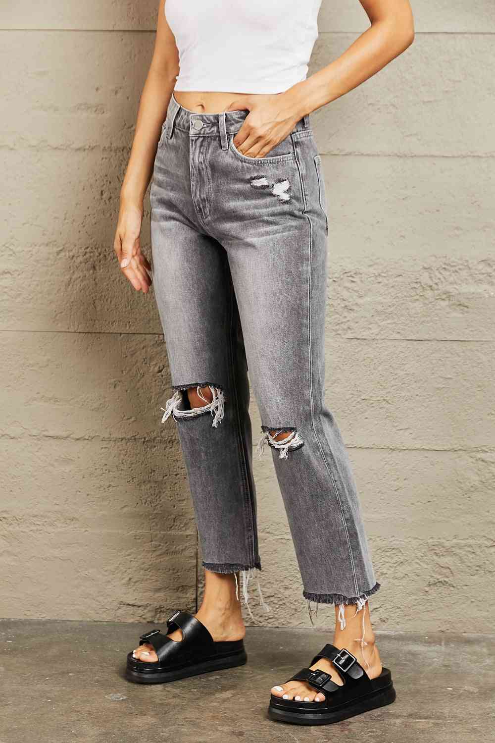 BAYEAS Stone Wash Distressed Cropped Straight Jeans - AllIn Computer