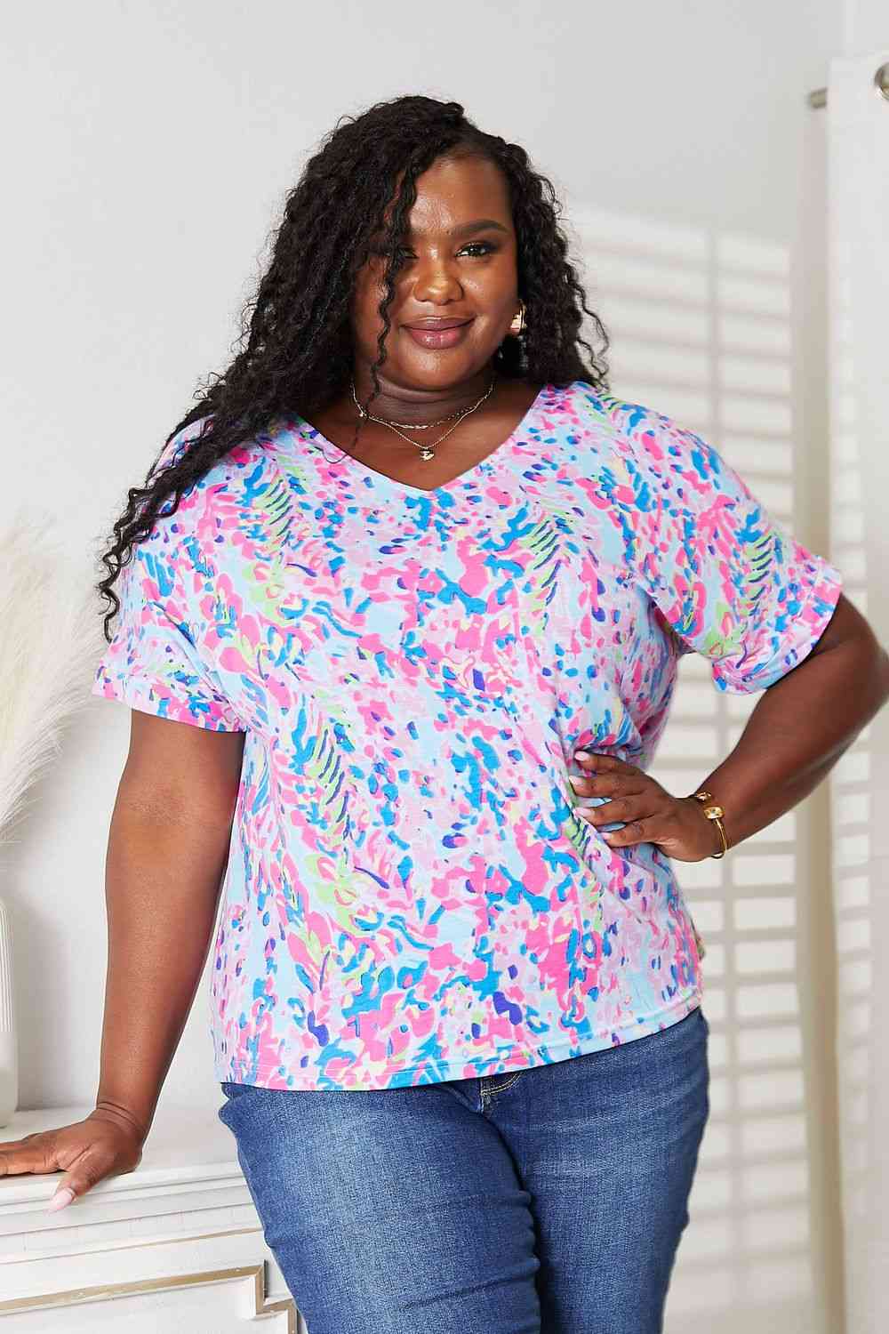 Double Take Printed V-Neck T-Shirt - AllIn Computer