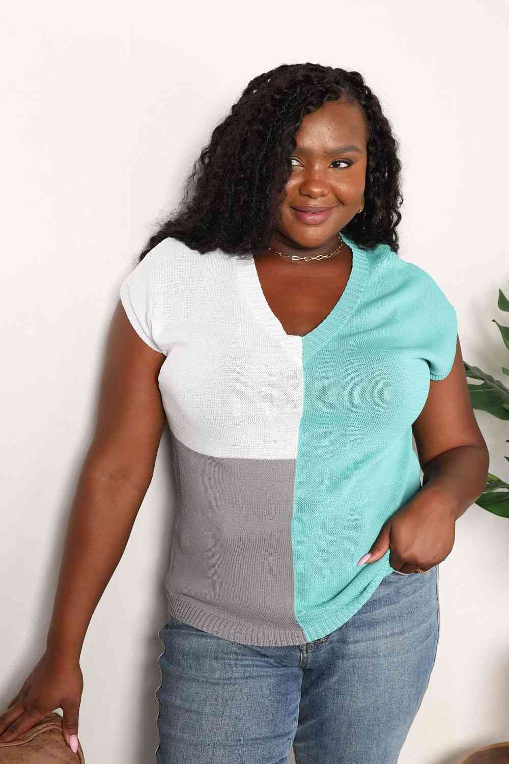Double Take Color Block V-Neck Knit Top - AllIn Computer