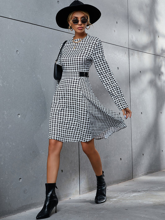 Houndstooth Long Sleeve Round Neck Dress - AllIn Computer