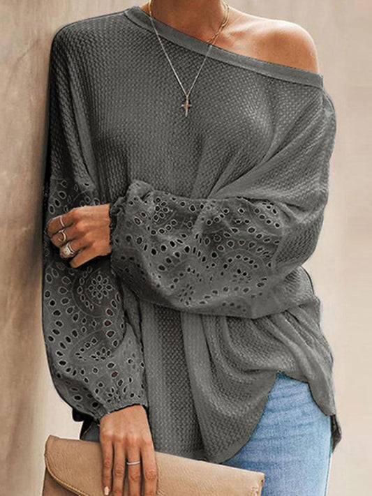 Openwork Dropped Shoulder Boat Neck Blouse - AllIn Computer