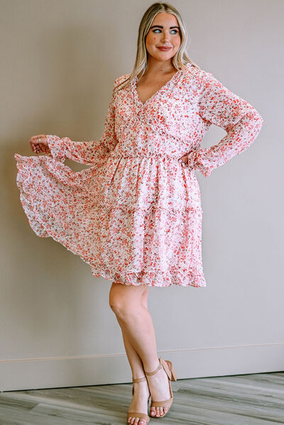 Plus Size Floral V-Neck Frill Long Sleeve Dress - AllIn Computer