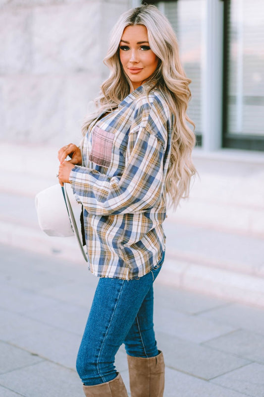 Double Take Plaid Raw Hem Dropped Shoulder Johnny Collar Shirt - AllIn Computer